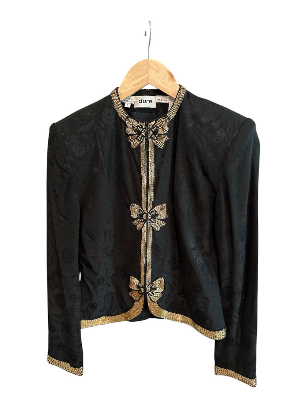 Vintage D’ore Black Silk Set Gold Beaded Bow Trim 70s Whimsigoth Fairycore